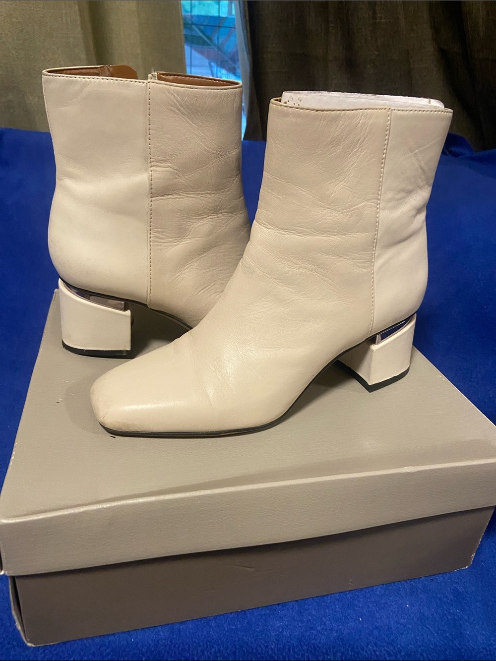 Franco Sarto White Leather Block Heel Ankle Boots